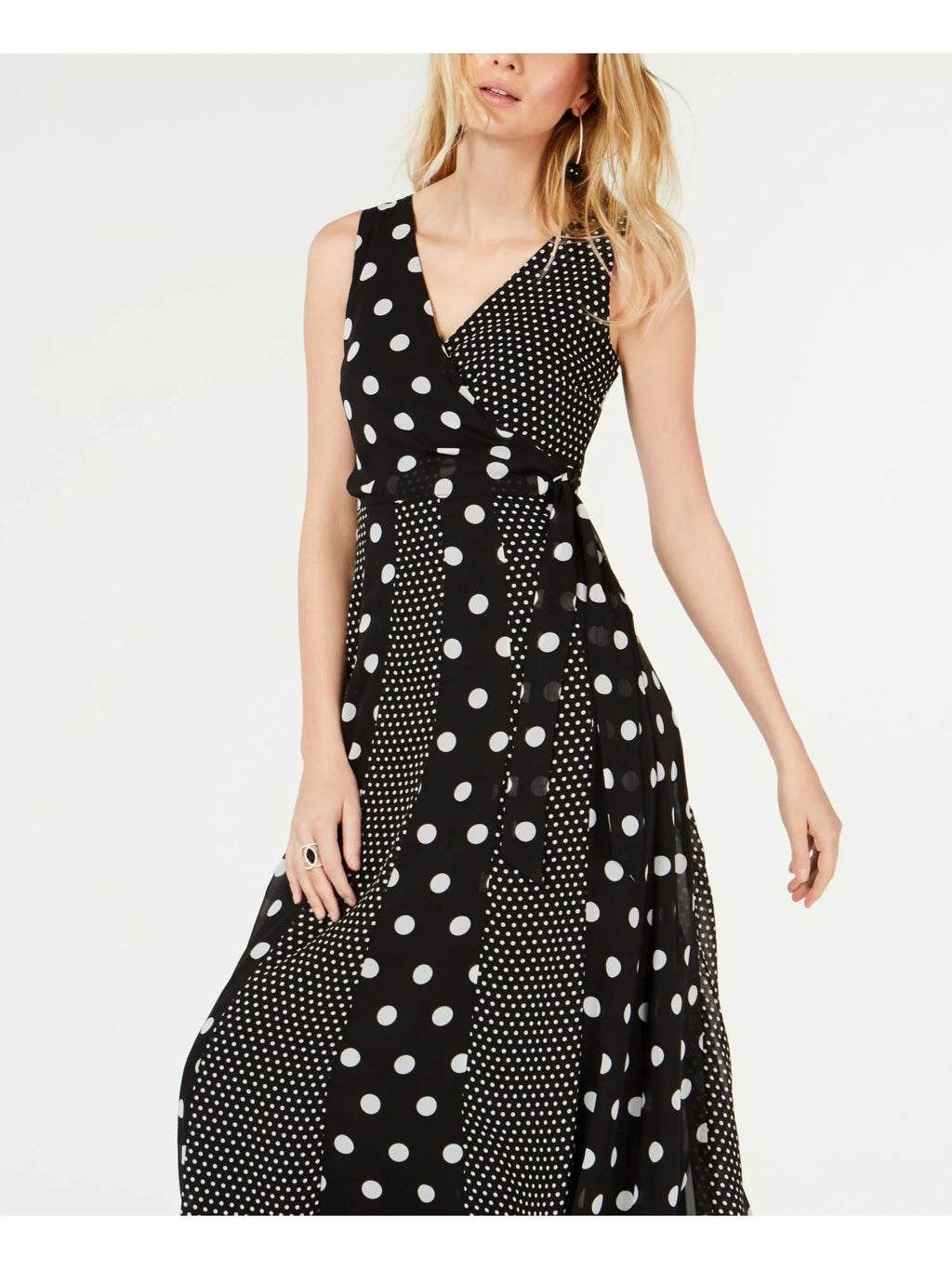 Black Multi Dot Sleeveless Wrap Dress B146
