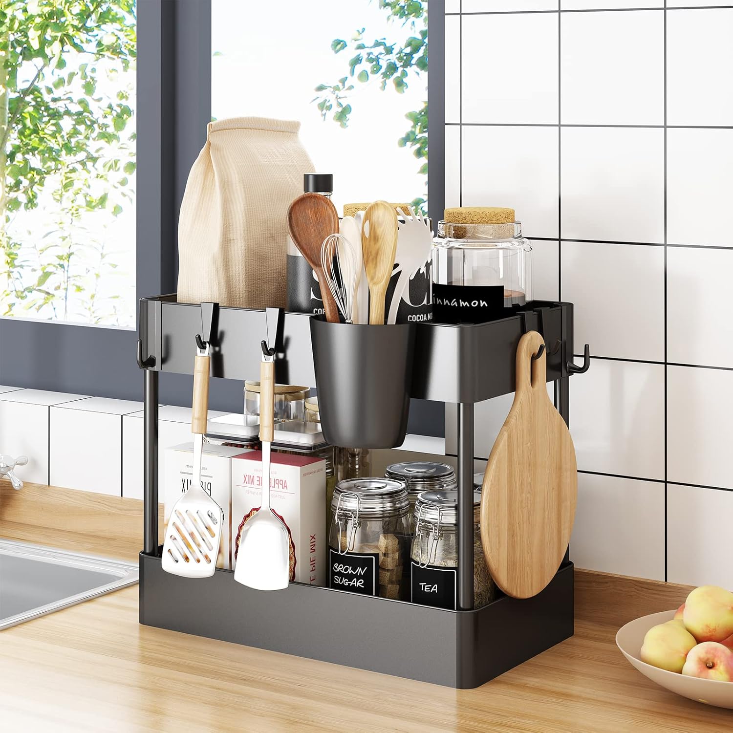 2 Tier Under Sink Rack Organizer with 6 Hooks, Black Z40689