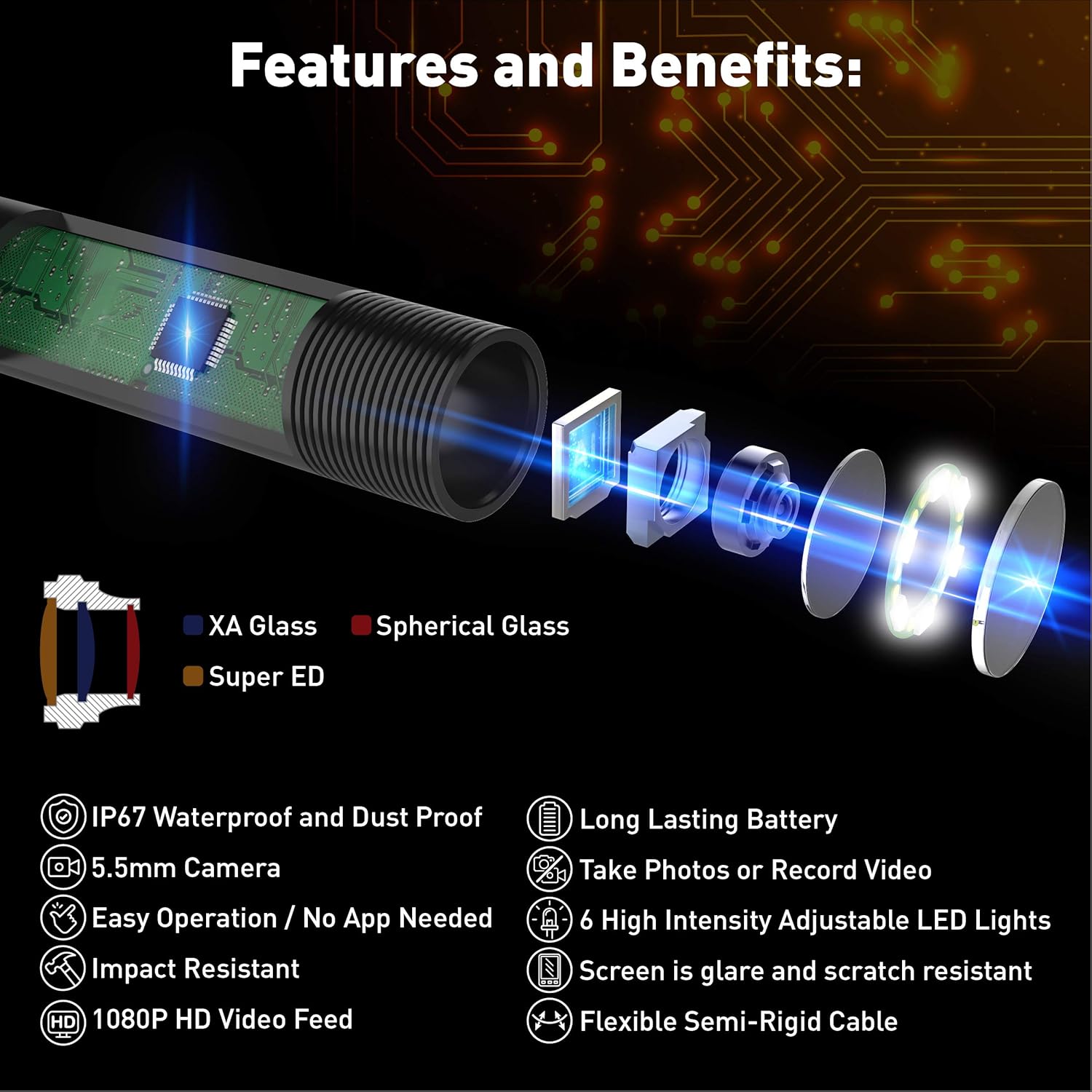Waterproof Industrial Endoscope Camera with 6.5 ft Cable A9376