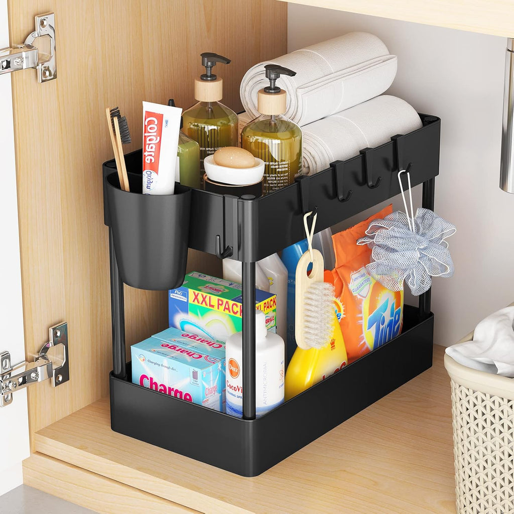 2 Tier Under Sink Rack Organizer with 6 Hooks, Black Z40689