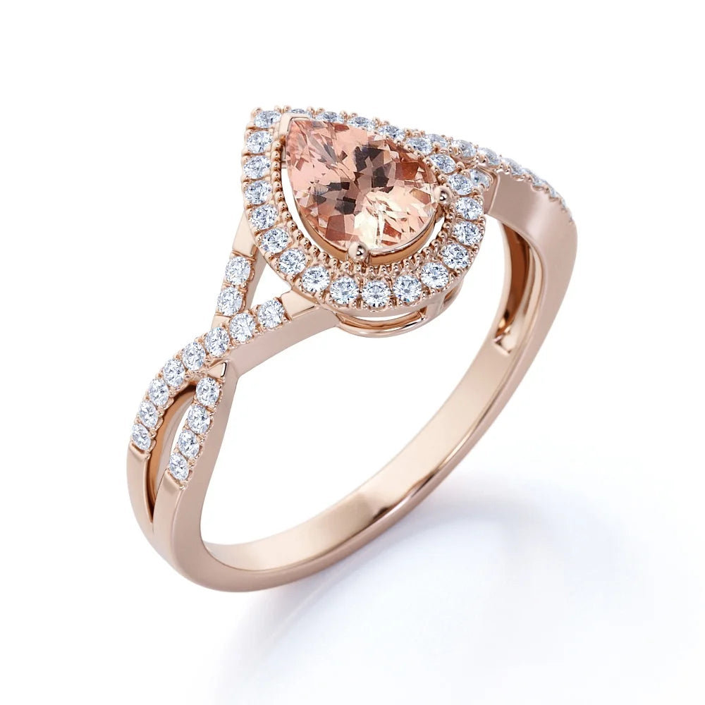 1.75 Carat Pear Cut Created Morganite and Moissanite Engagement Ring in 18k Gold Over Sterling Silver Y975