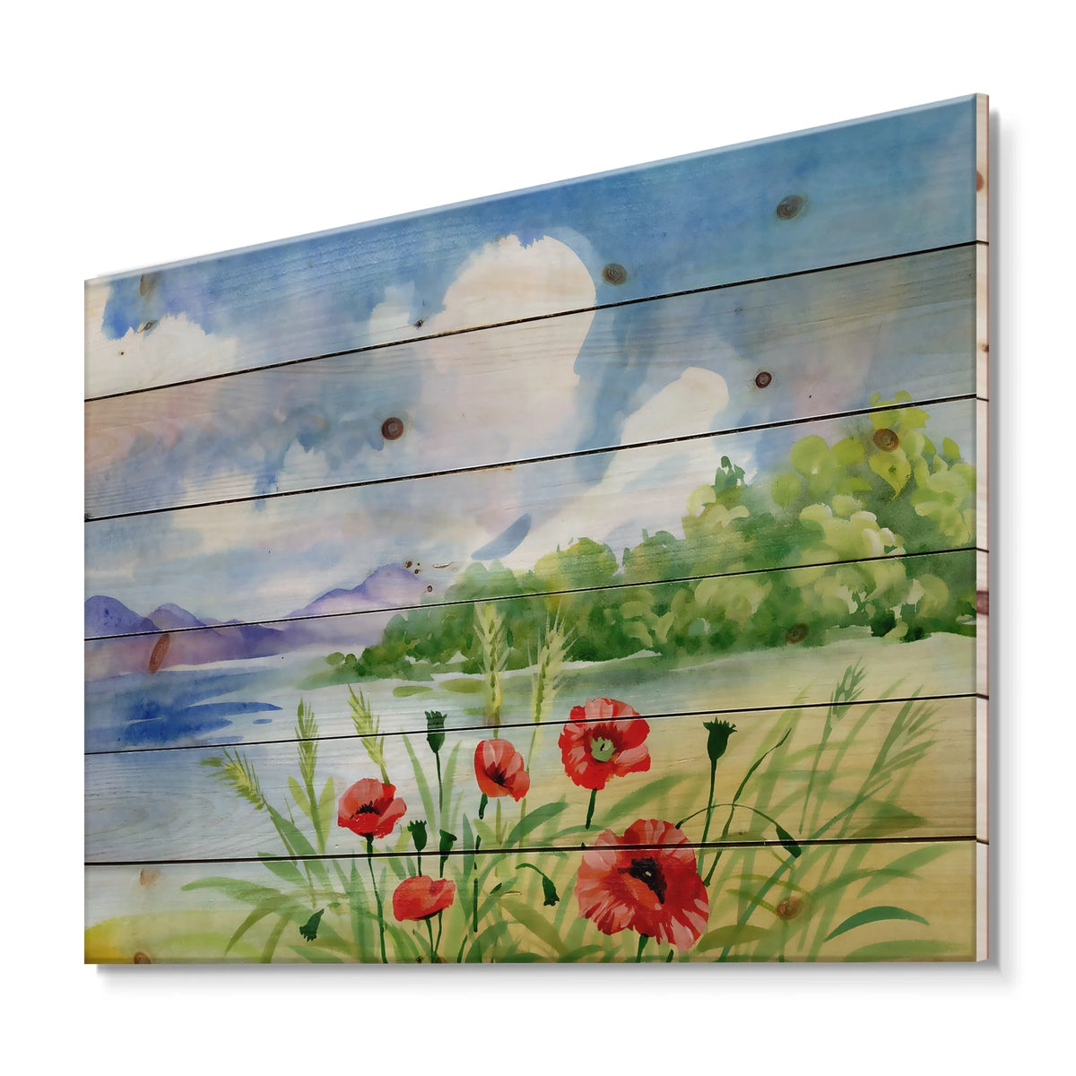 Red Tulips On The Bank Near A River Mountain Print on Natural Pine Wood V826763