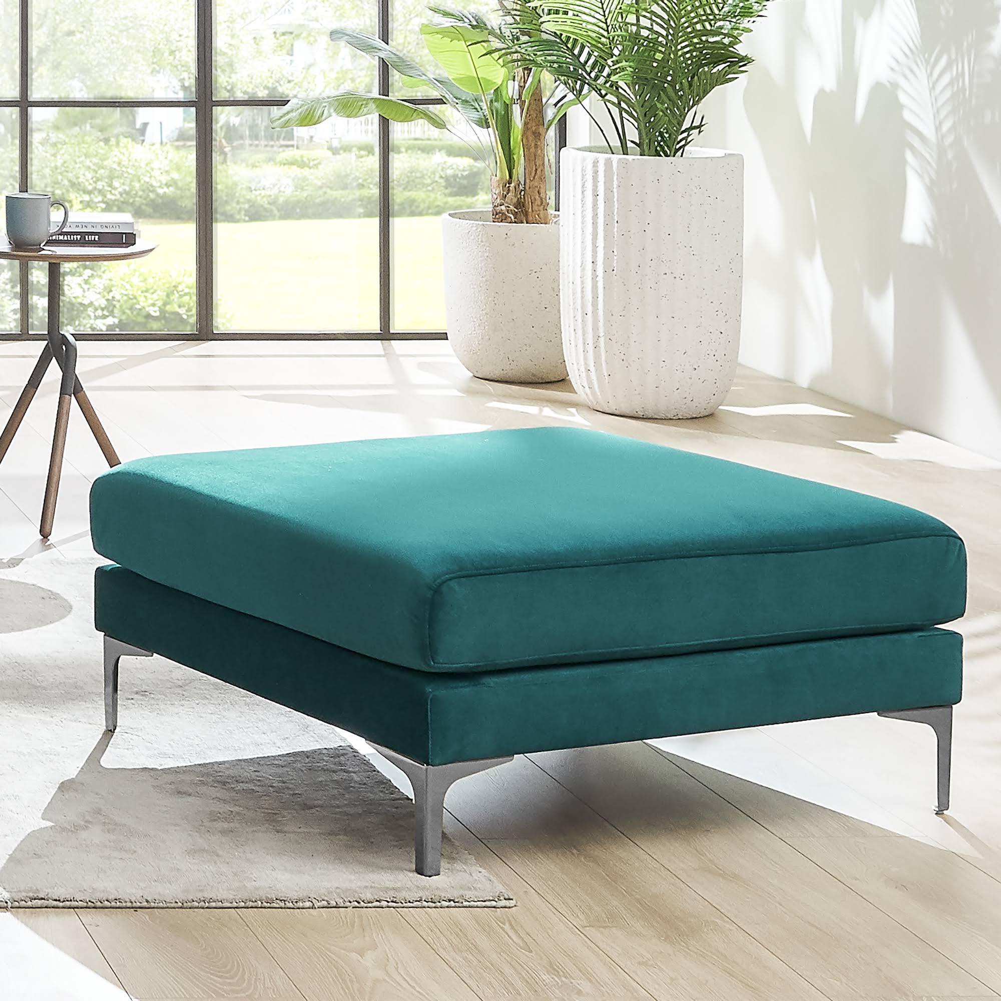 Teal Velvet Ottoman with Silver Leg E7990
