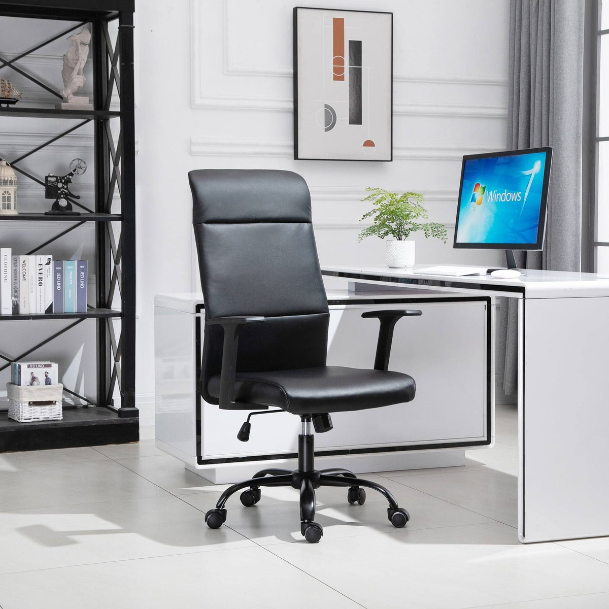 Faux Leather High-Back Office Chair with Adjustable Height, Metal Legs T2004