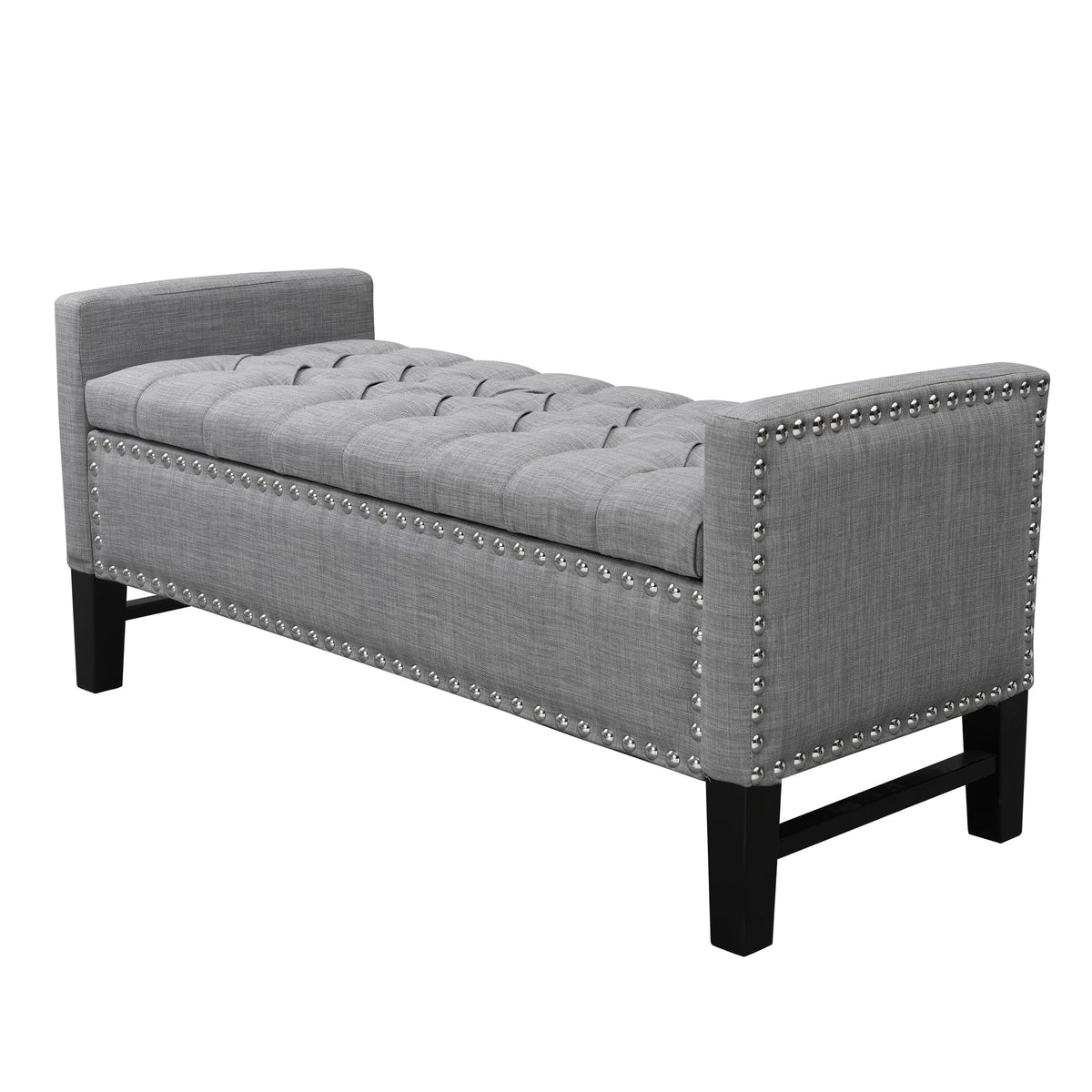 Light Grey Linen Storage Bench with Button Tufted Trim L354