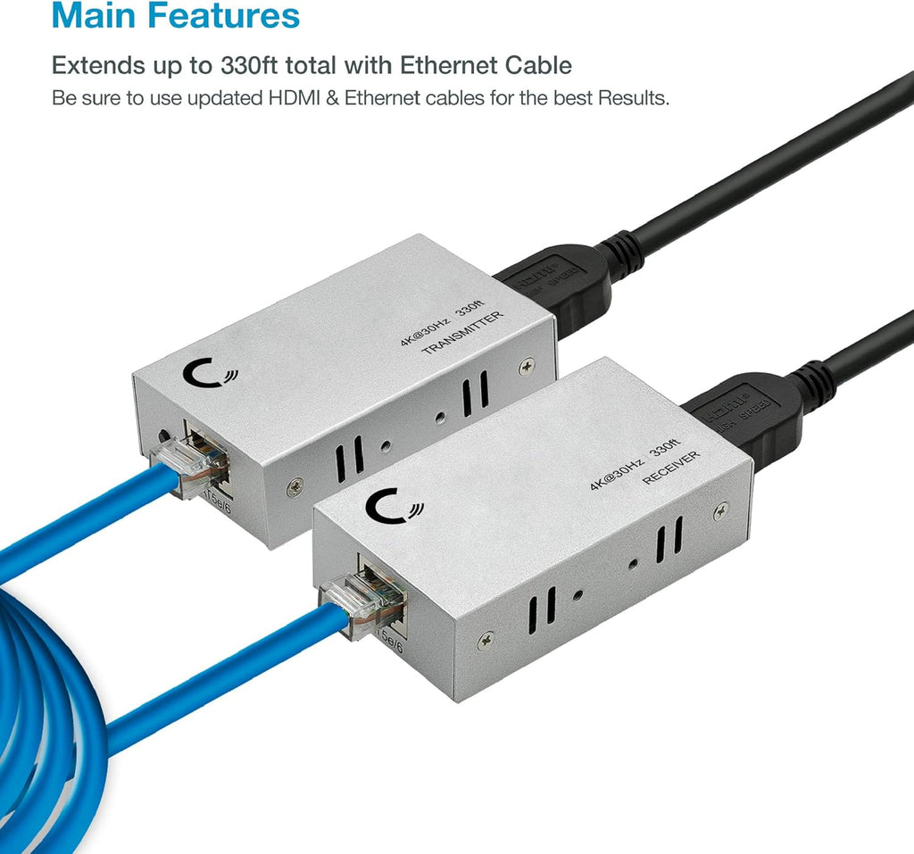 4K 330ft HDMI Extender Over Cat5e / Cat6 / Cat7 Ethernet Cable, Pack of 2 S158047