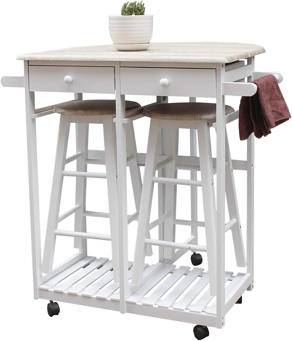Foldable Dining Table Set with 2 Stools and 2 Drawers Solid Wood Drop Leaf Table U975