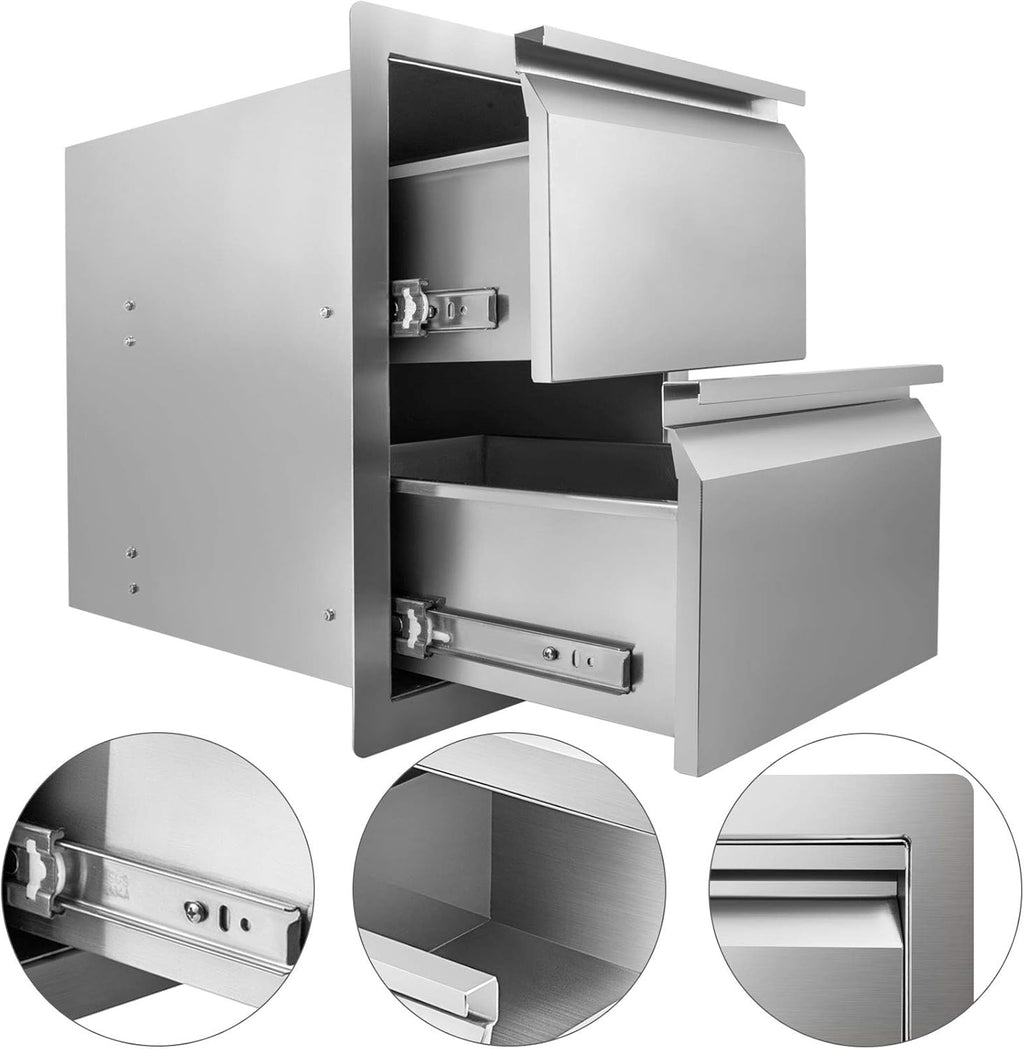 Stainless Steel Double Access BBQ Drawers Box Frame Style Flush Mount Outdoor Kitchen Storage Double Drawers D573459