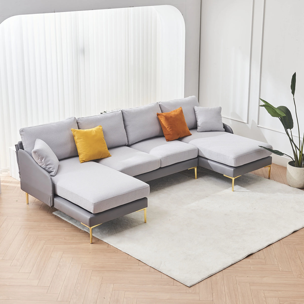 Linen+Leathaire fabric U-shaped sofa with golden legs Z30588