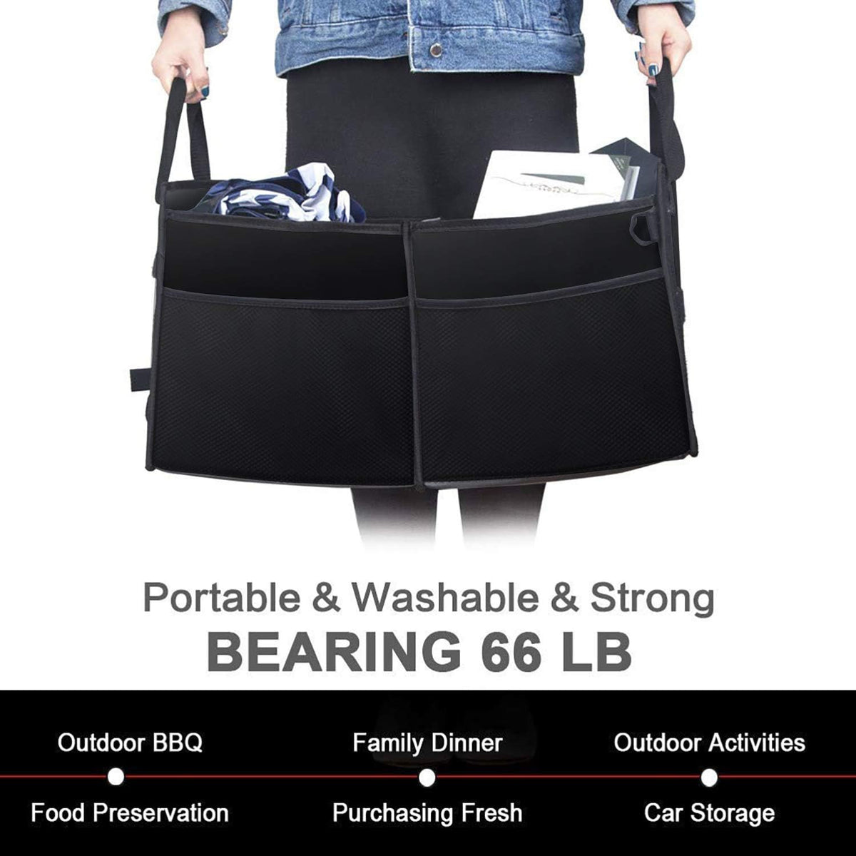 Black Collapsible Car Trunk Organizer with Insulation Cooler Bag G56078