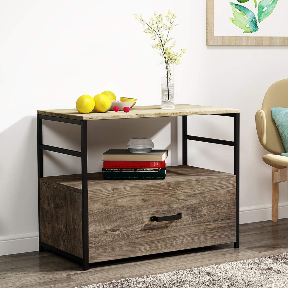 Wood Lateral File Cabinet with 1 Drawer, Printer Stand with Storage Shelves R40490