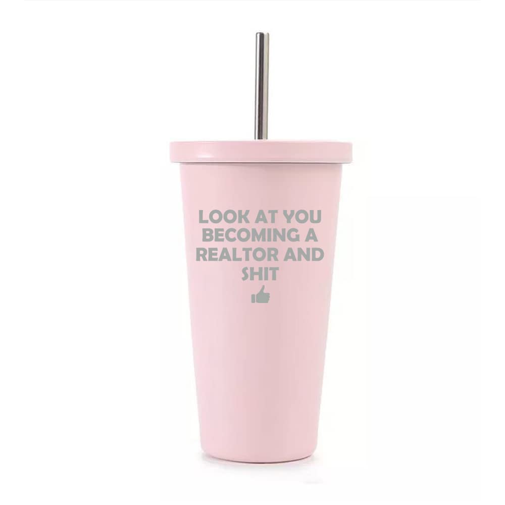 16 oz Stainless Steel Double Wall Insulated Tumbler Travel Mug With Straw D253