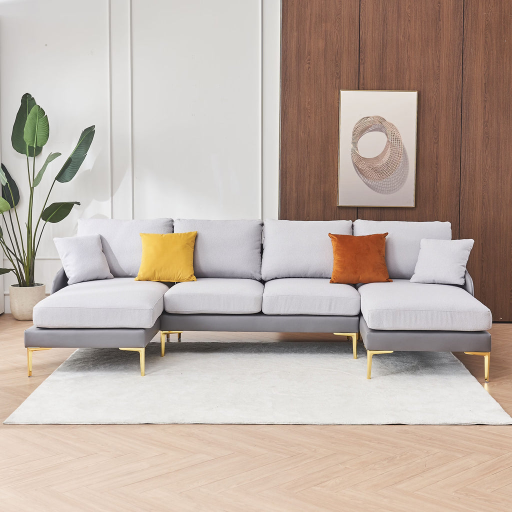Linen+Leathaire fabric U-shaped sofa with golden legs Z30588