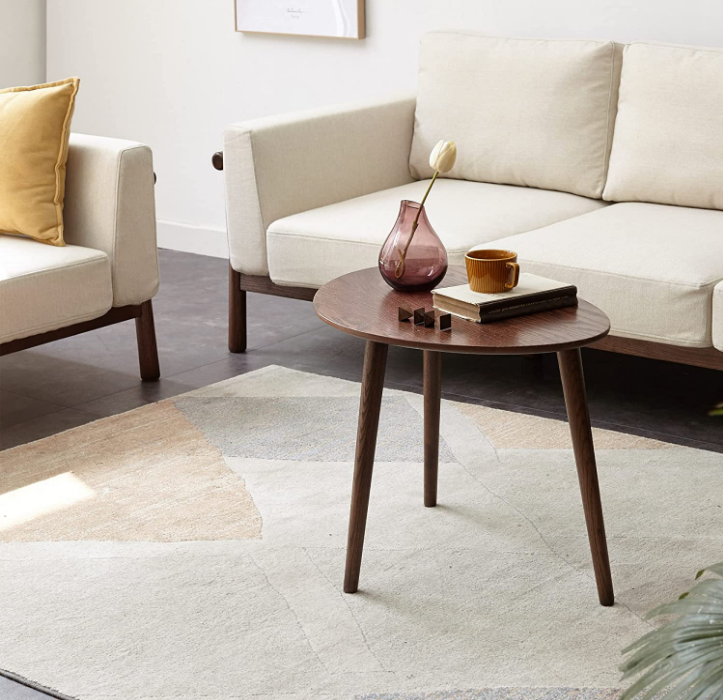 Solid Oak Wood Coffee Table with Pebble Shape, Natural Walnut Wooden Table I544