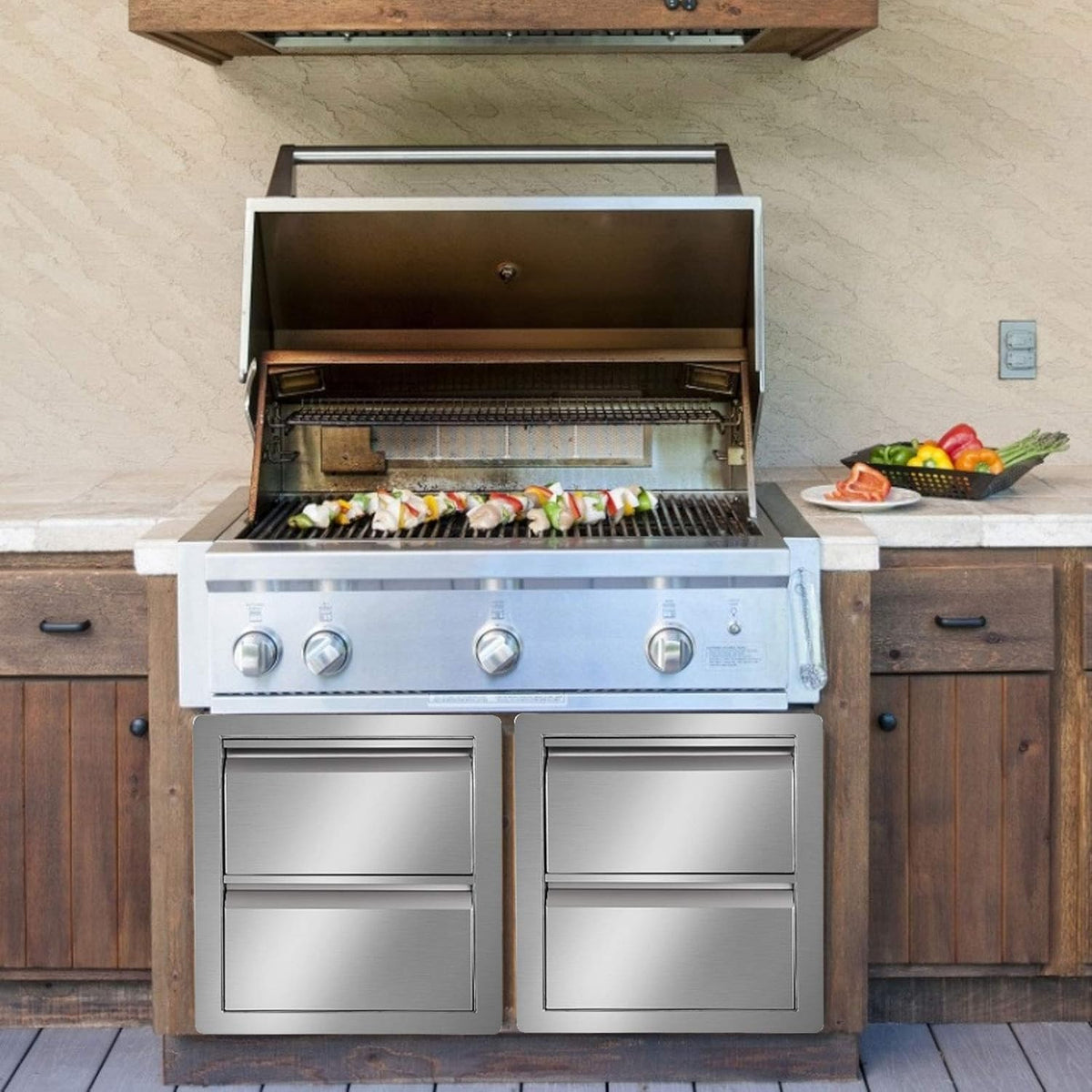 Stainless Steel Double Access BBQ Drawers Box Frame Style Flush Mount Outdoor Kitchen Storage Double Drawers D573459