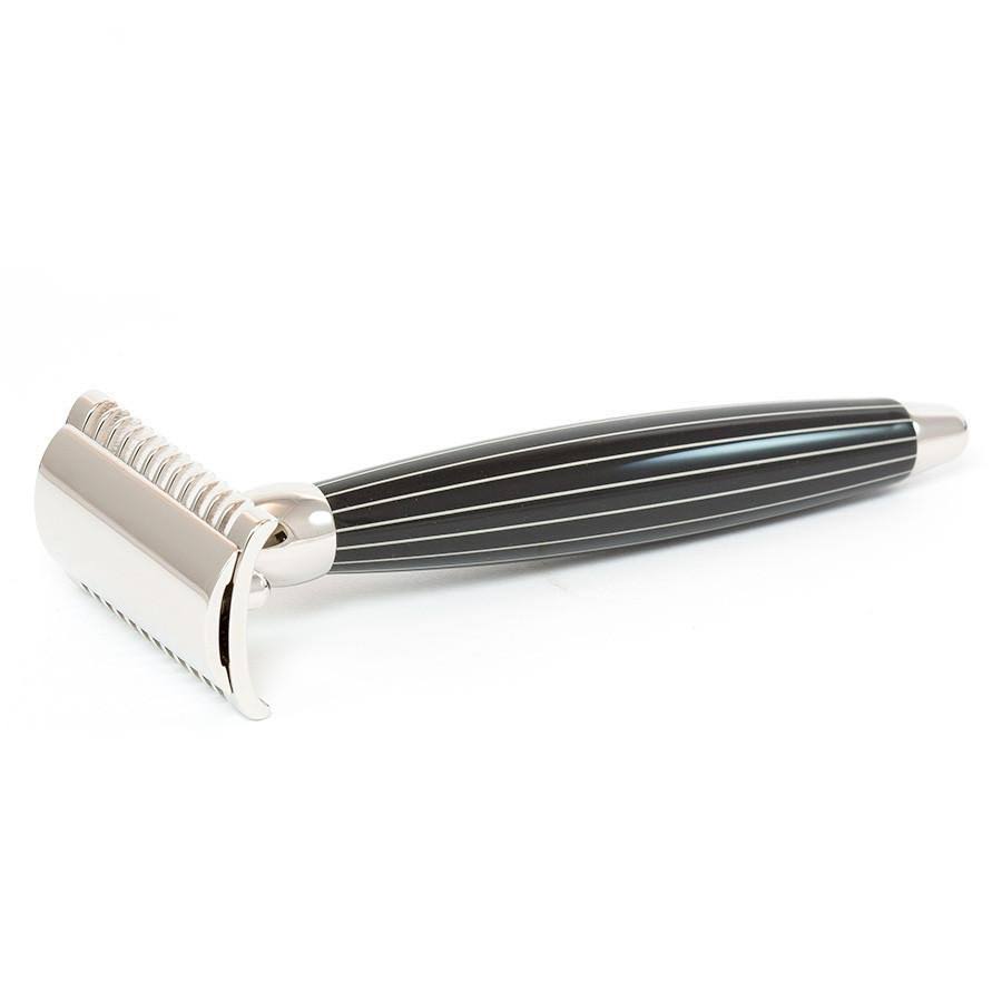Palladium-Plated Double-Edge Safety Razor with Retro Pinstripe Handle P256