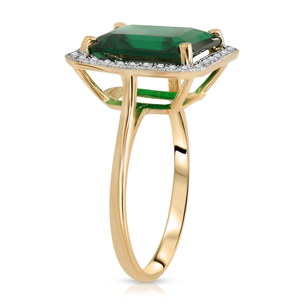 14K Solid Yellow Gold Emerald Ring with Natural Diamonds Halo R462