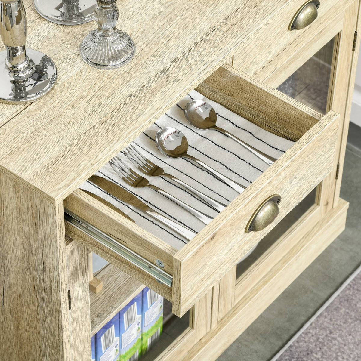 Rustic Farmhouse Style Sideboard Storage Cabinet with 2 Glass Doors and 2 Drawers O7445