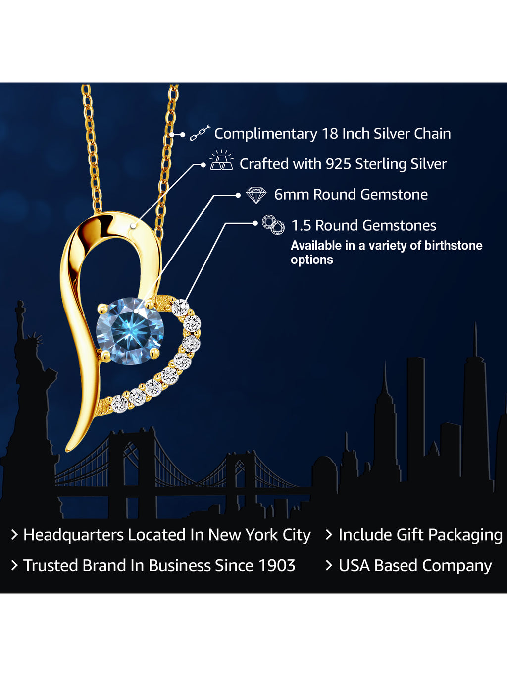 18K Yellow Gold Plated Silver Persian Blue Moissanite Heart Shape Pendant Necklace with 18 inch Chain V423