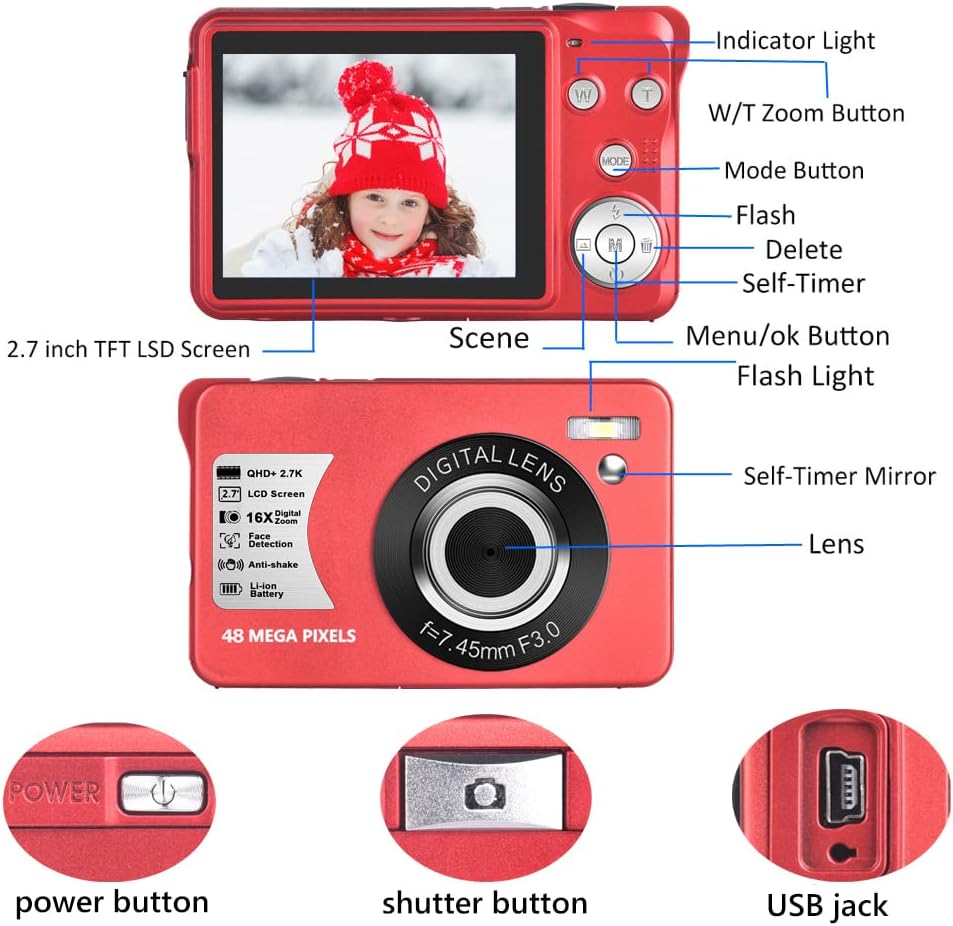 Red 48MP Compact Digital Camera with 16X Digital Zoom, 32GB SD Card, Pack of 2 J833188