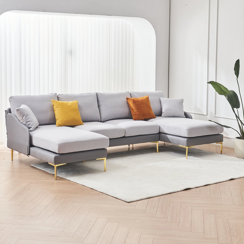 Linen+Leathaire fabric U-shaped sofa with golden legs Z30588