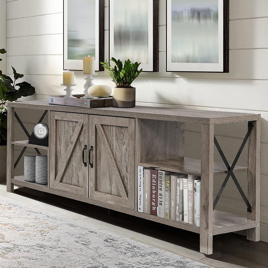 Rustic Oak TV Stand with Storage Cabinets and Shelves U659