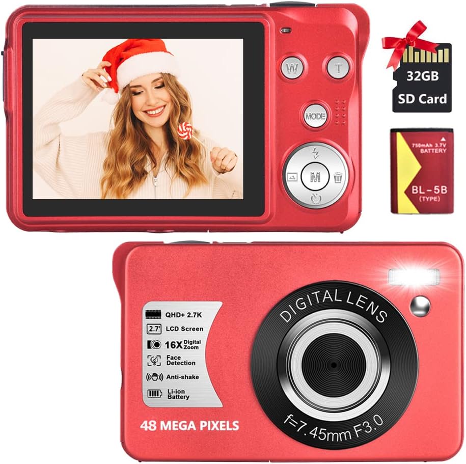 Red 48MP Compact Digital Camera with 16X Digital Zoom, 32GB SD Card, Pack of 2 J833188