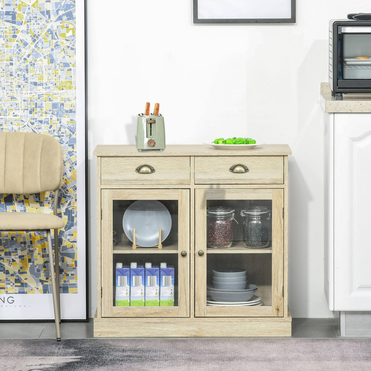 Rustic Farmhouse Style Sideboard Storage Cabinet with 2 Glass Doors and 2 Drawers O7445