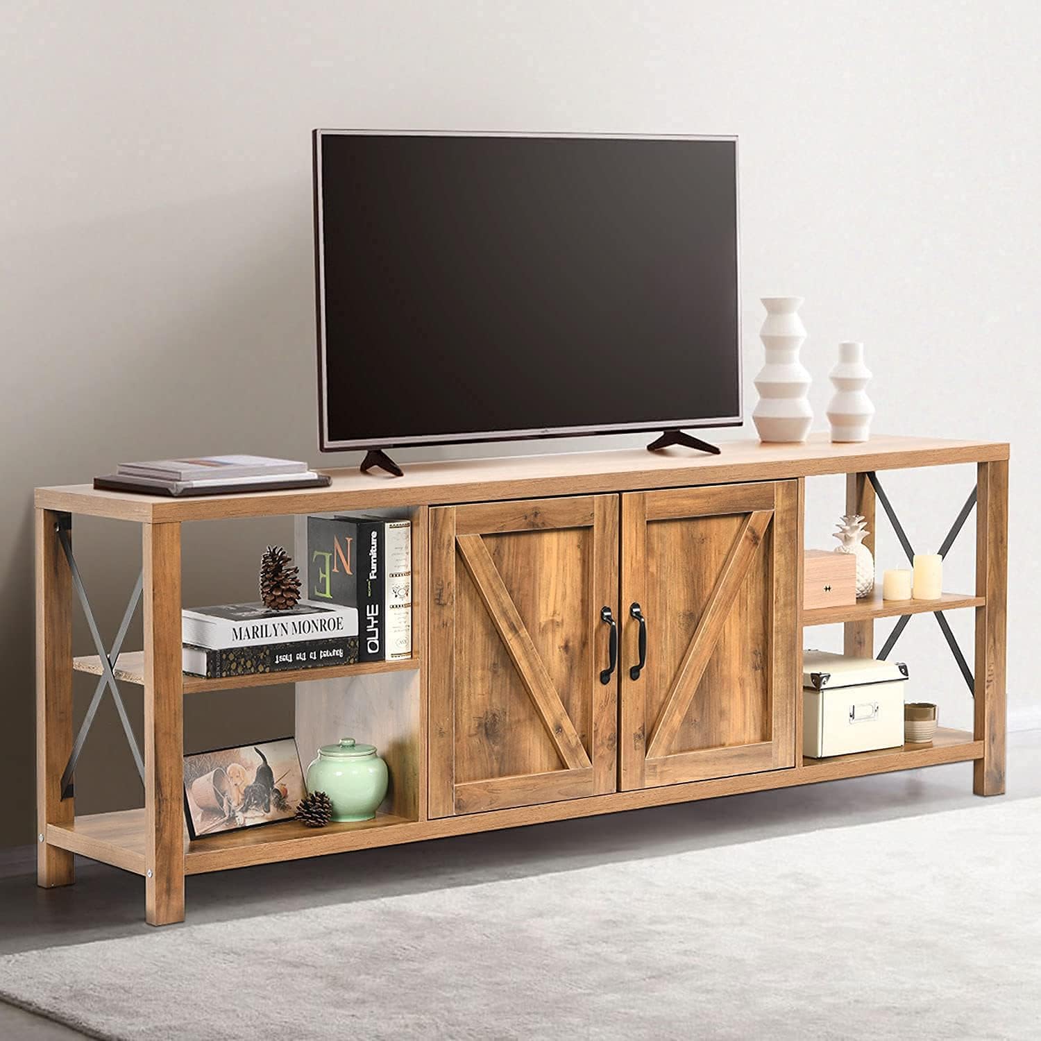 Rustic Oak TV Stand with Storage Cabinets and Shelves U659