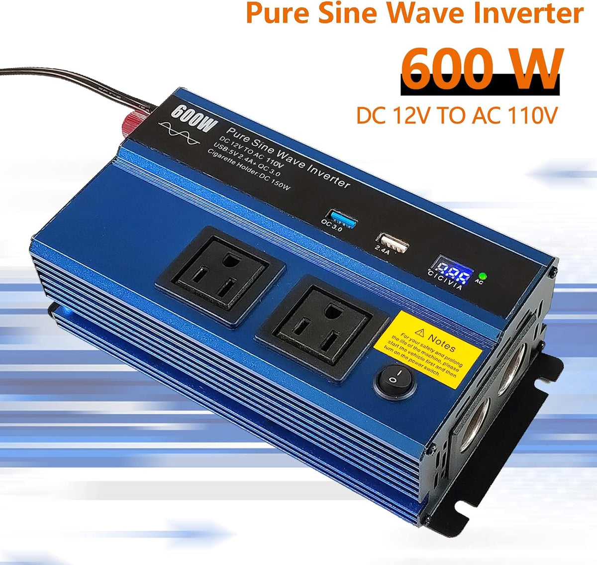 600W Pure Sine Wave Power Inverter DC12V to AC 110V with Dual AC Outlet K7248