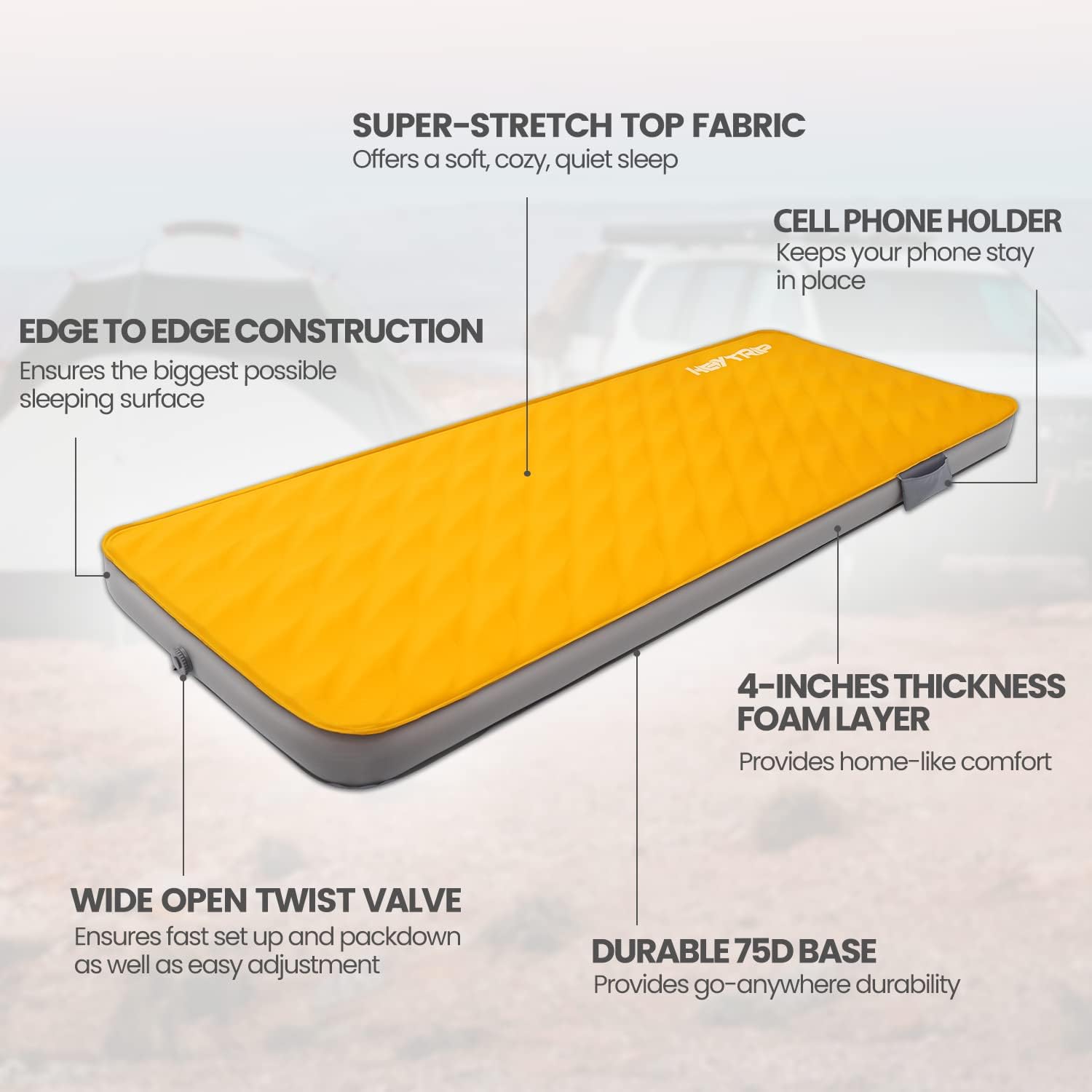 4 Inch Self-Inflating Foam Sleeping Pad with Pump Sac, 78'' x 30'' x 4'' C19626