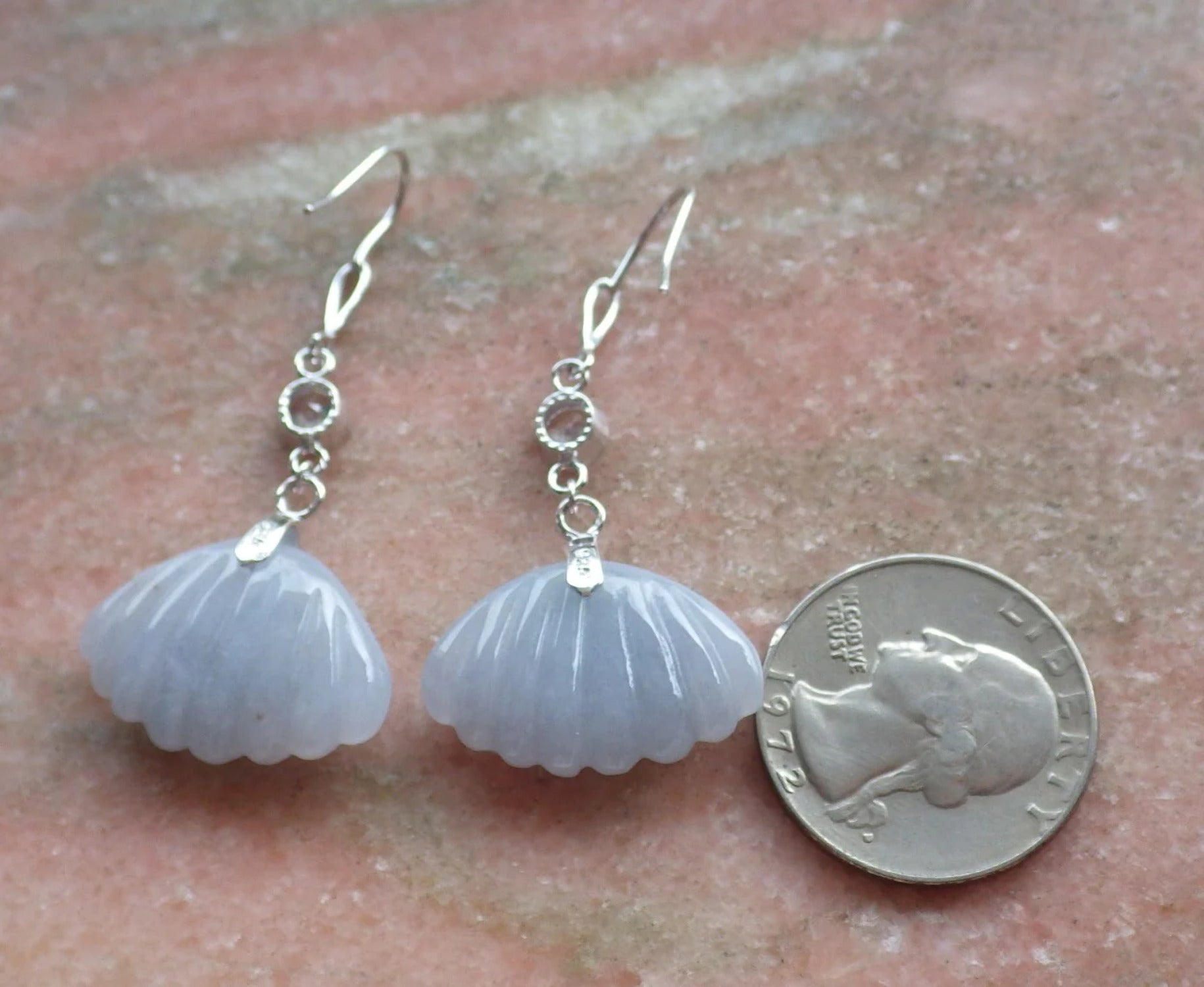 Sterling Silver 925 Hand Carved Jadeite Sea Shell Dangle Earrings D155