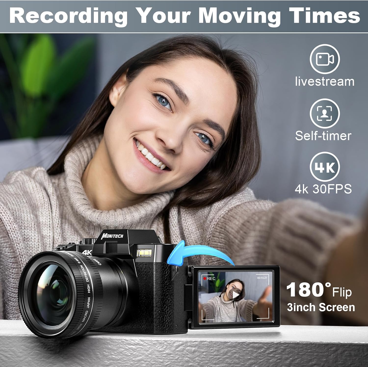 48 MP Digital Camera with 180° Flip Screen, 16X Digital Zoom, 52mm Wide Angle & Macro Lens, 2 Batteries, 32GB SD Card X786