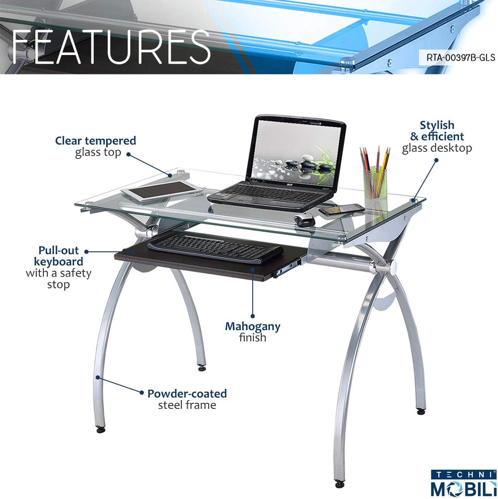 Clear Glass Top Computer Desk with Pull Out Keyboard Panel U82273