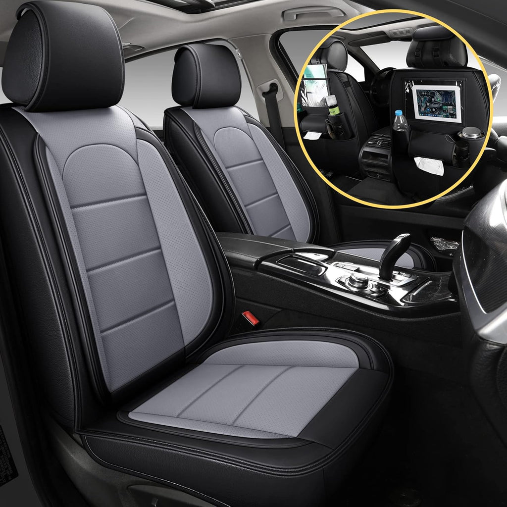 Black Leather Car Seat Covers with Backseat Organizer, Front Pair B9328