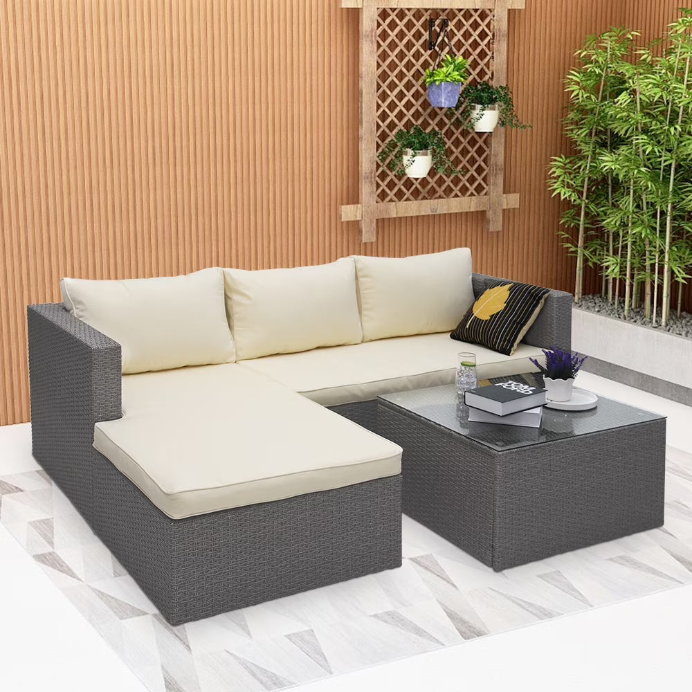 3 Piece Wicker Sectional Conversation Set with Cushions - Grey B1325