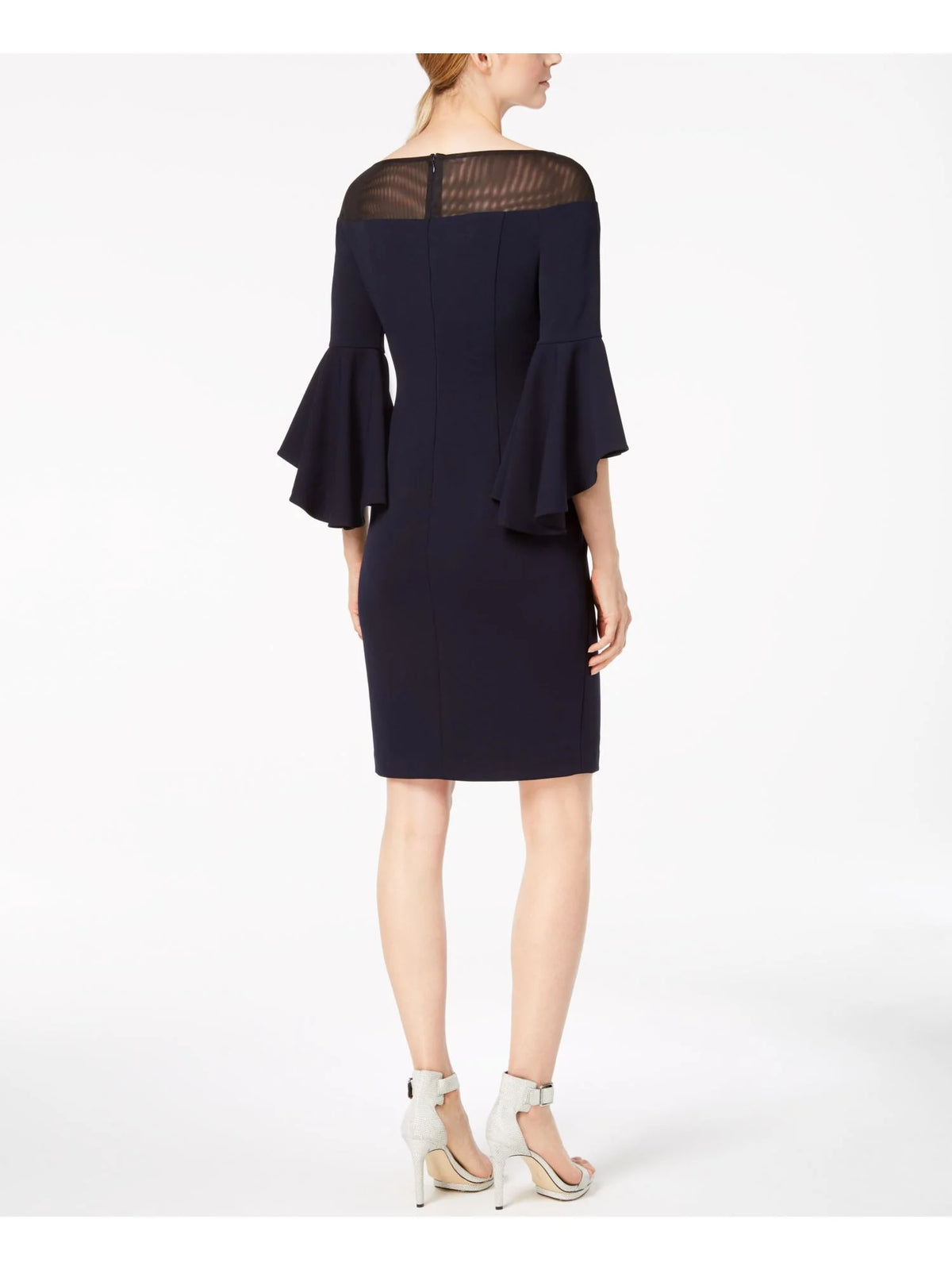 Navy Illusion Bell Sleeve Jewel Neck Sheath Dress T618