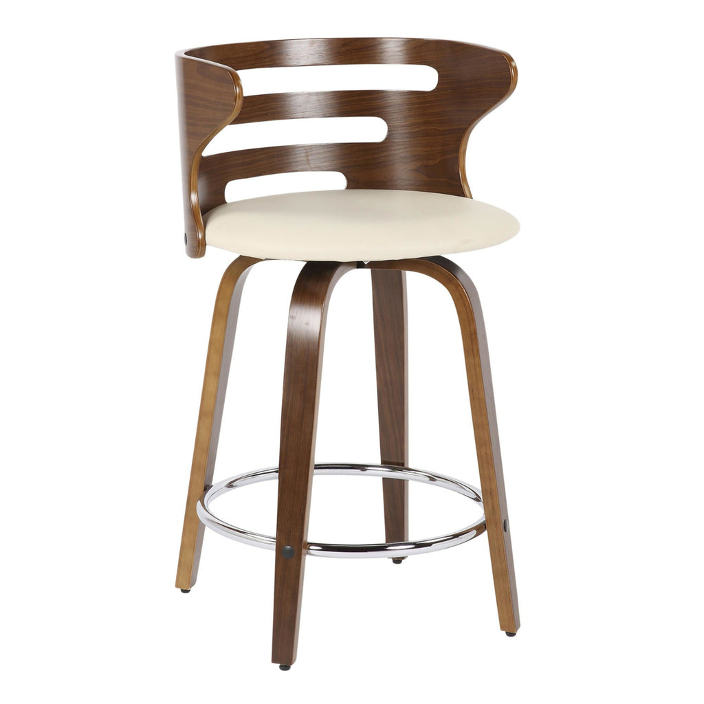 Mid-Century Modern Counter Stool With Swivel In Walnut And Cream Faux Leather - Set Of 2 N4723