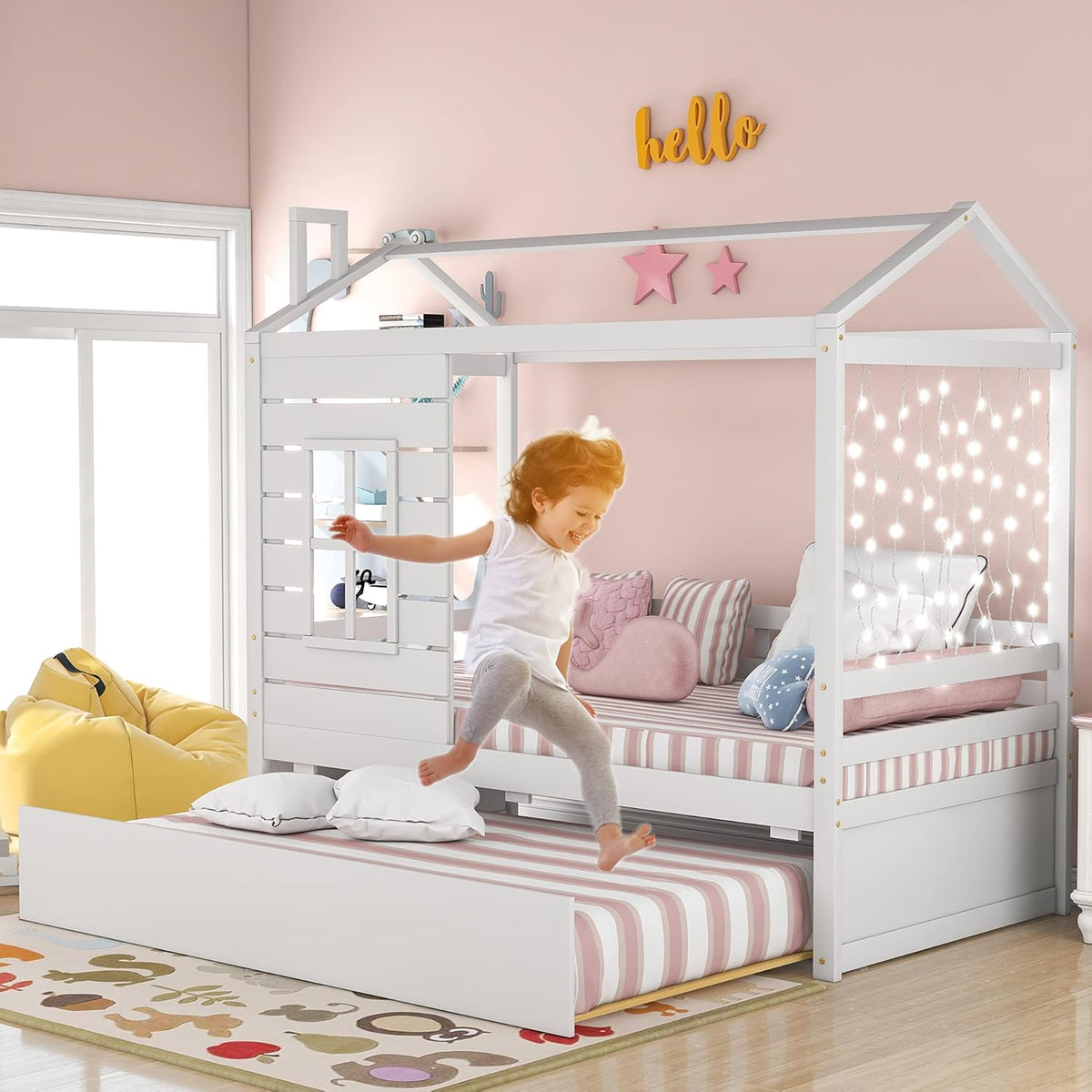 White Twin House Bed with Trundle X89389