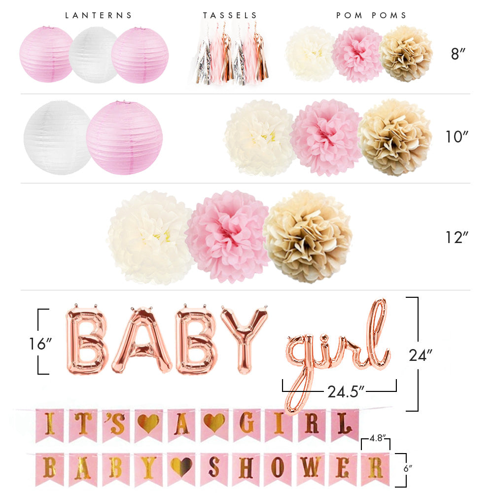 Pink Baby Shower Decorations with Banner, Letter Balloons, Flower Pom Poms, Paper Lanterns, Tassels Y43103