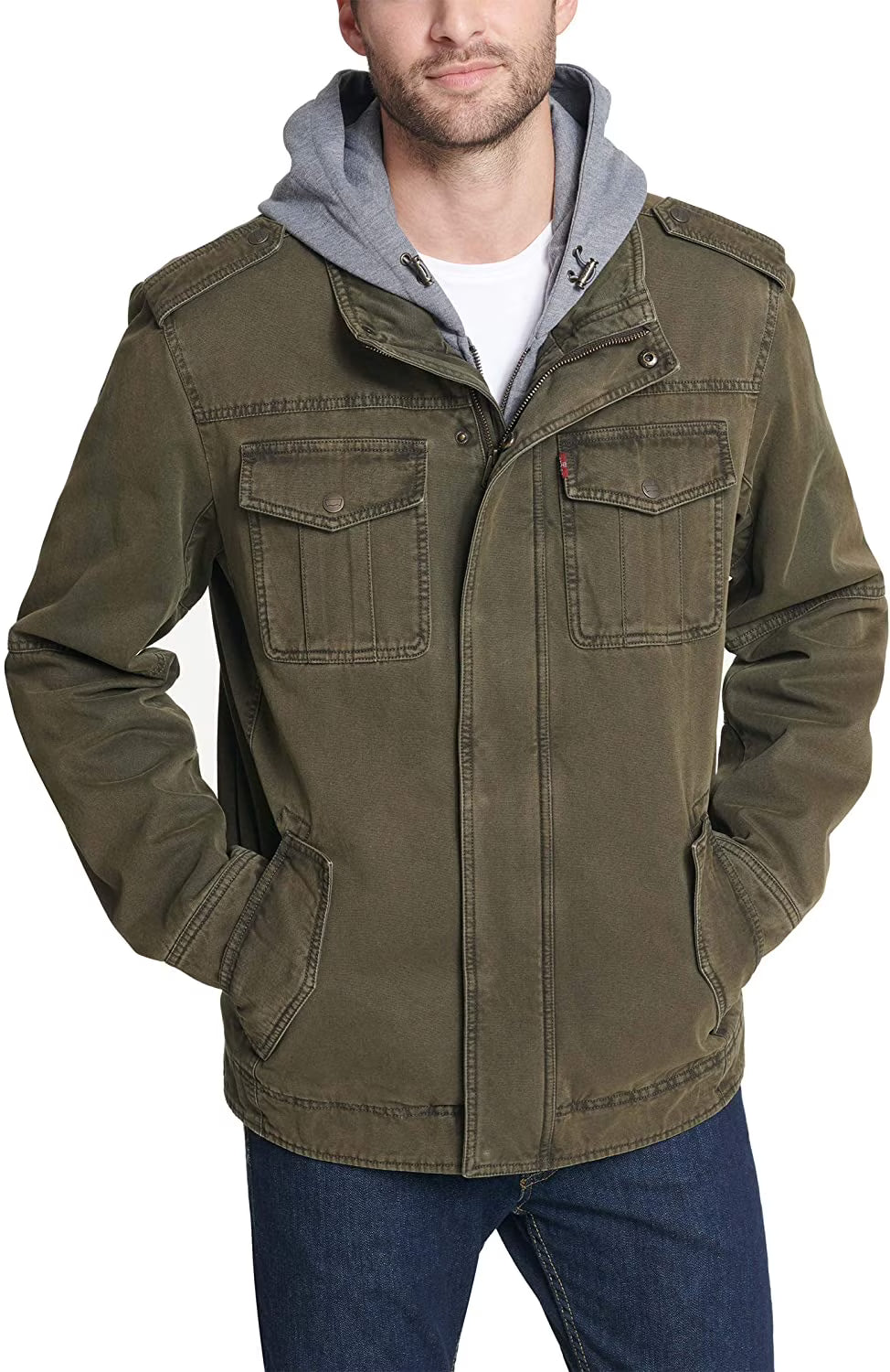 Mens Washed Cotton Hooded Military Jacket Olive D2186