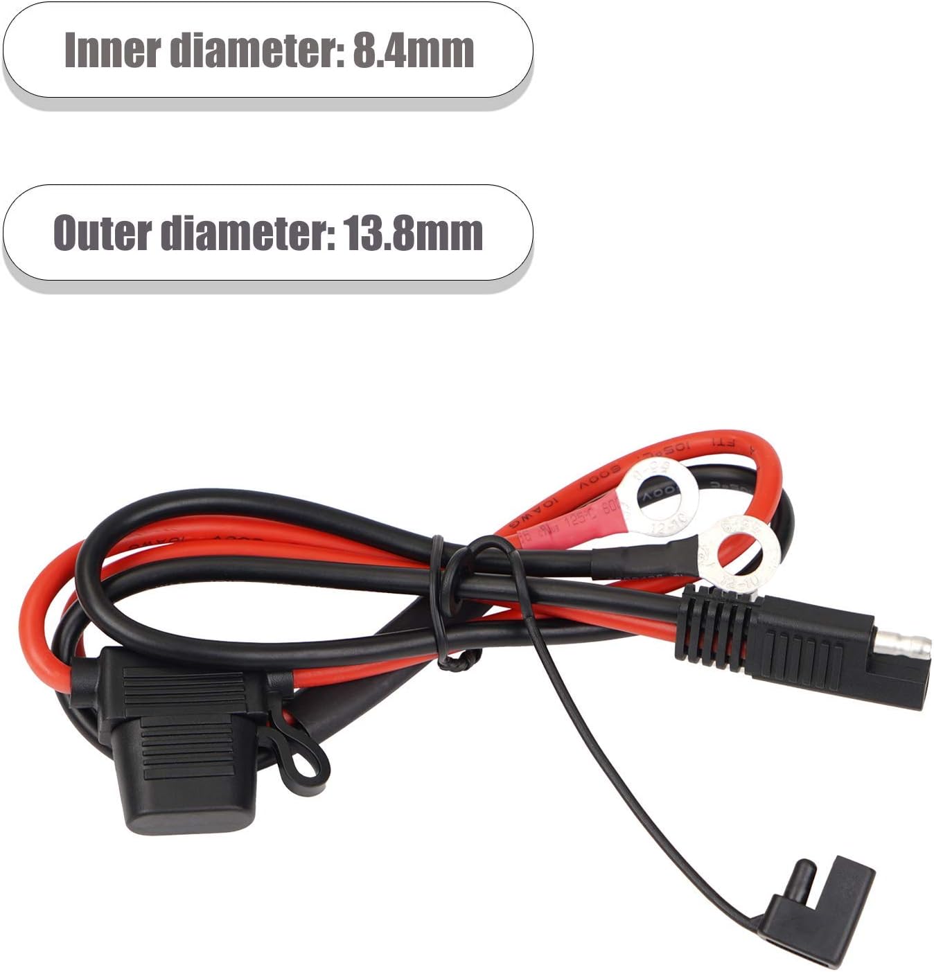 SAE Battery Connector 10AWG to Ring Terminal Harness with 15Amps Fuse 2 Pin Quick Disconnect 2FT Extension Cable Q751