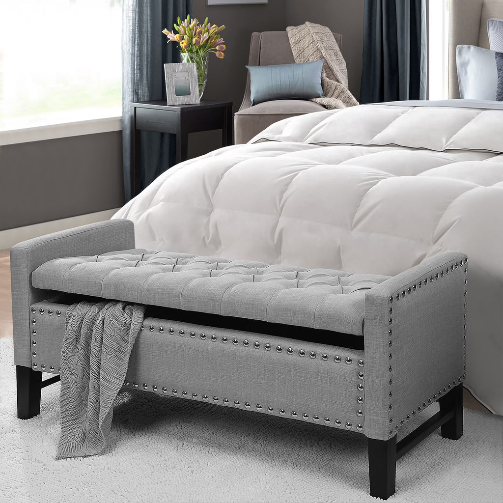 Light Grey Linen Storage Bench with Button Tufted Trim L354