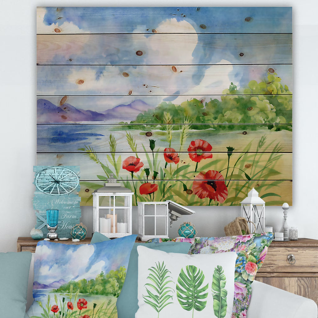 Red Tulips On The Bank Near A River Mountain Print on Natural Pine Wood V826763