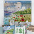 Red Tulips On The Bank Near A River Mountain Print on Natural Pine Wood V826763