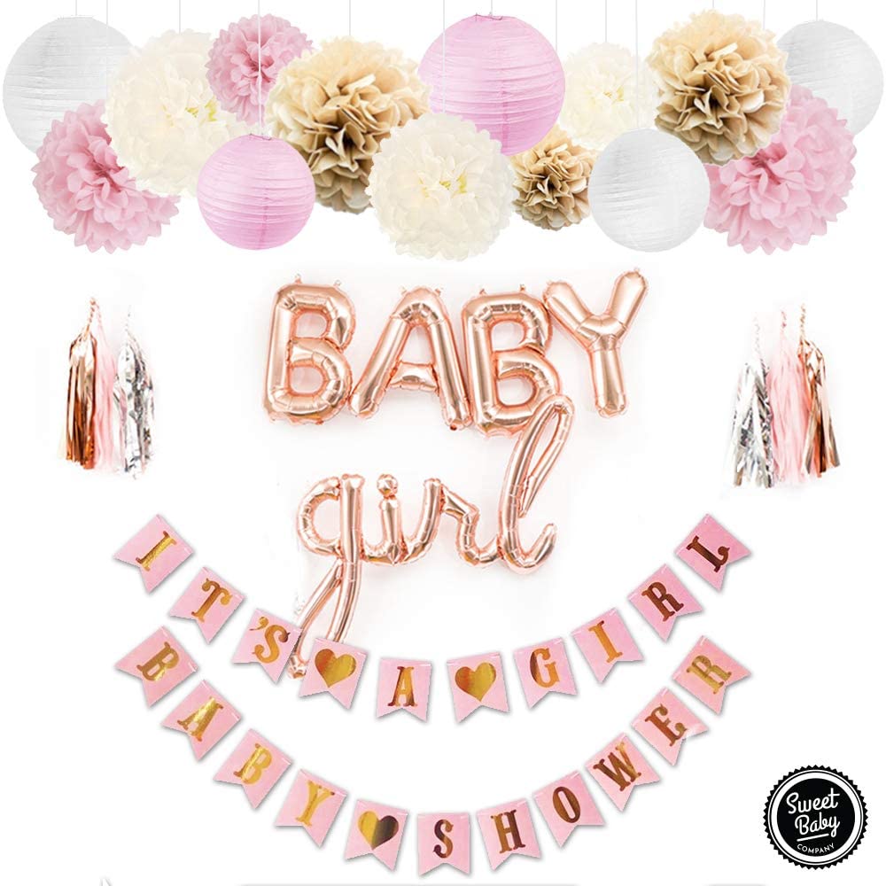 Pink Baby Shower Decorations with Banner, Letter Balloons, Flower Pom Poms, Paper Lanterns, Tassels Y43103