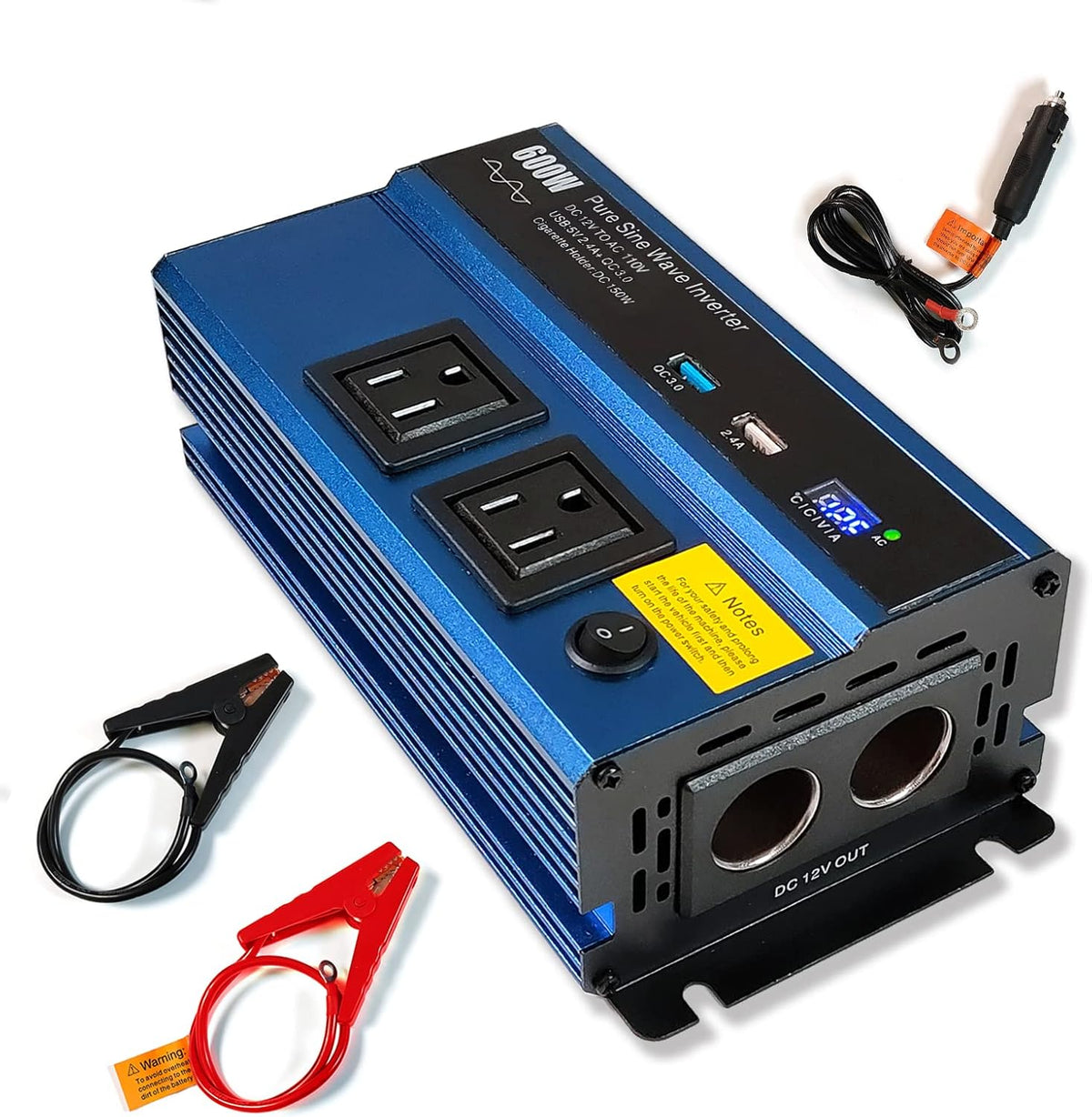 600W Pure Sine Wave Power Inverter DC12V to AC 110V with Dual AC Outlet K7248