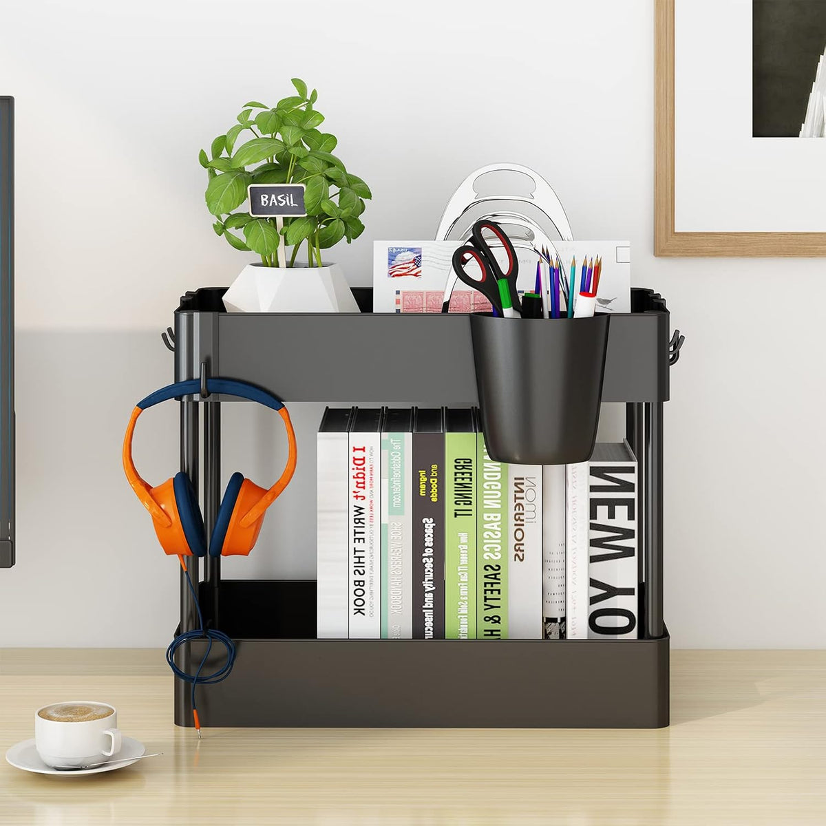 2 Tier Under Sink Rack Organizer with 6 Hooks, Black Z40689