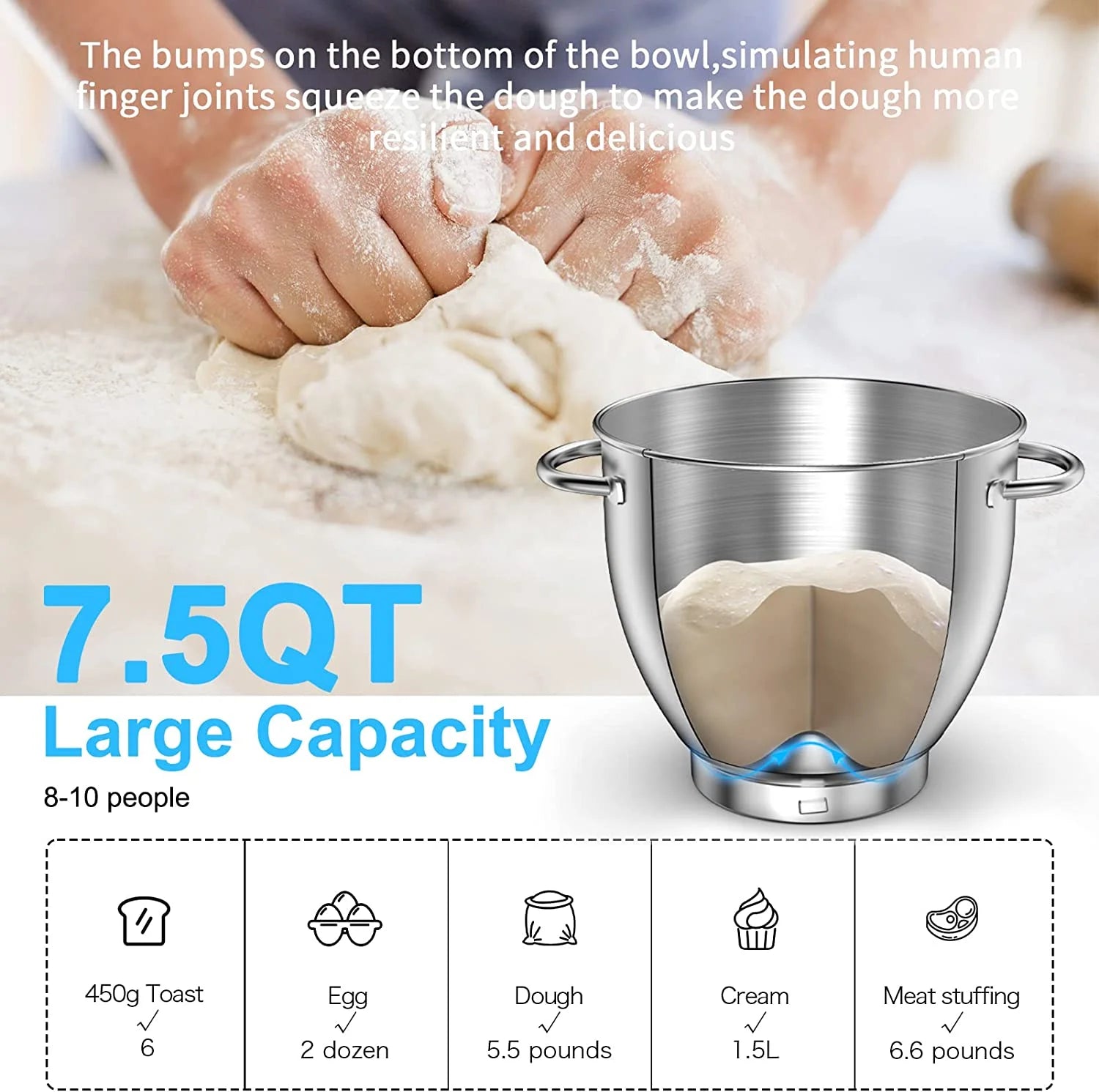 9 IN 1 Stand Mixer 850W Tilt-Head Electric Mixer with 7.5 QT Stainless Steel Bowl, Meat Grinder, Juice Blender with 1.5L Glass Jar - Blue F6973