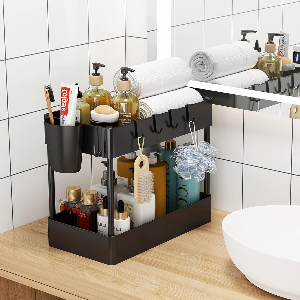 2 Tier Under Sink Rack Organizer with 6 Hooks, Black Z40689